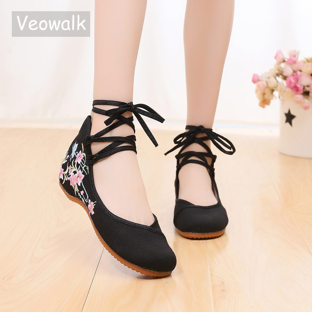 Women'S Shoes Vegan - Veowalk Enkelbandje Dames Canvas Geborduurde Ballet