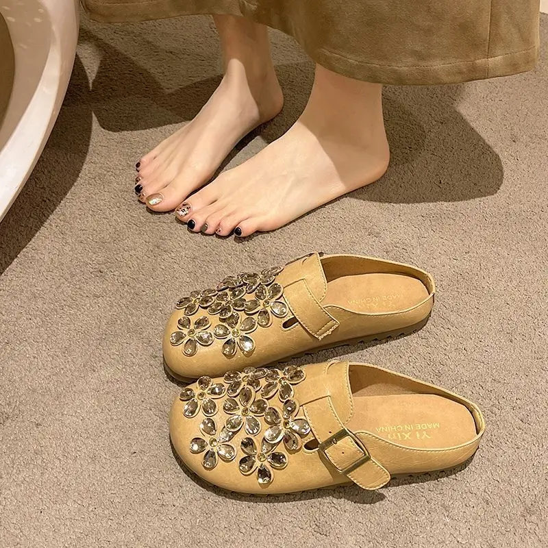 Slip On Mule Flat - Dames Bloemen Strass Gesp Gesloten Teen