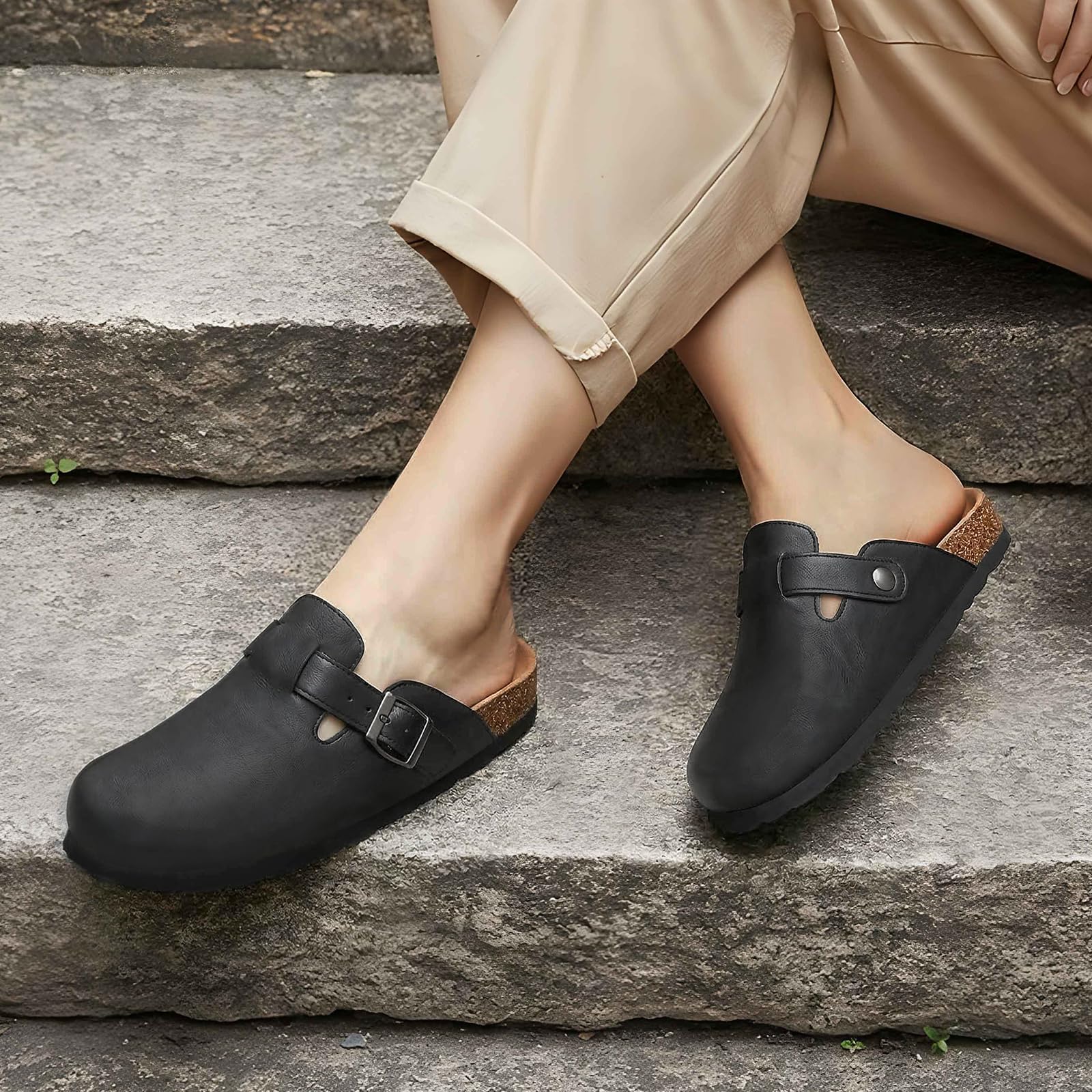 Women'S Shoes Vegan - Litfun kurken voetbed klompen vegan lederen